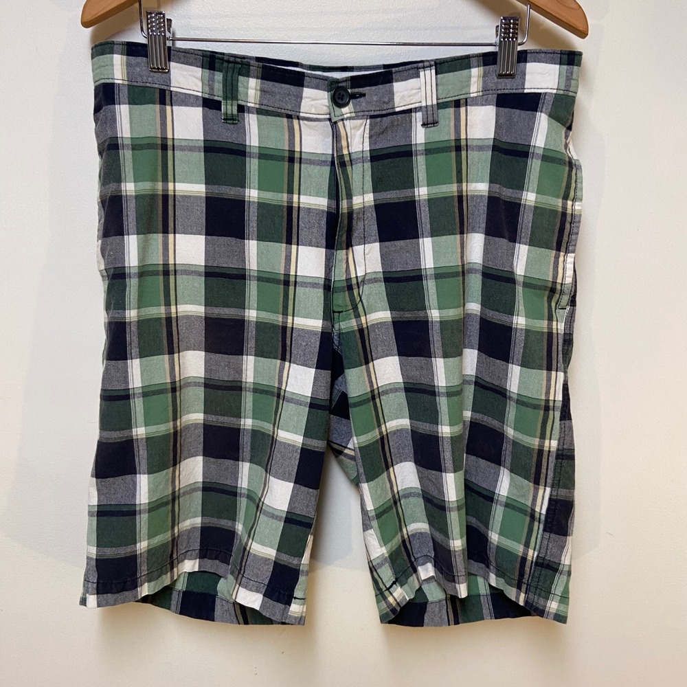 Perry Ellis America Plaid Shorts Men 34 Green Navy Blue Cotton Preppy Summer